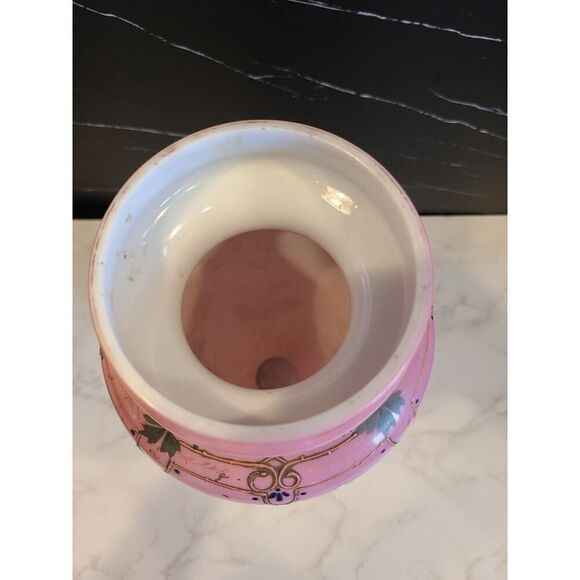 Lg Antique Harrach Bohemian Czech Pink Opaline Overlay Vase Flowers & Bees 14” - Picture 7 of 16